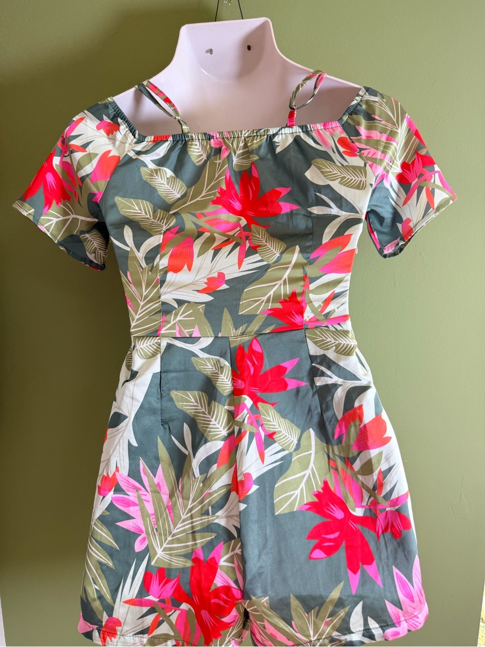 Beachy Green Tropical Floral Cutout Swim Romper with Pink Accents - Picture 6 of 9